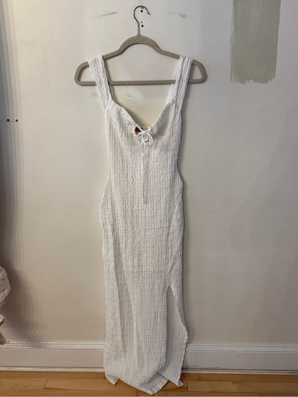 White Textured Maxi Dress with Tie Front